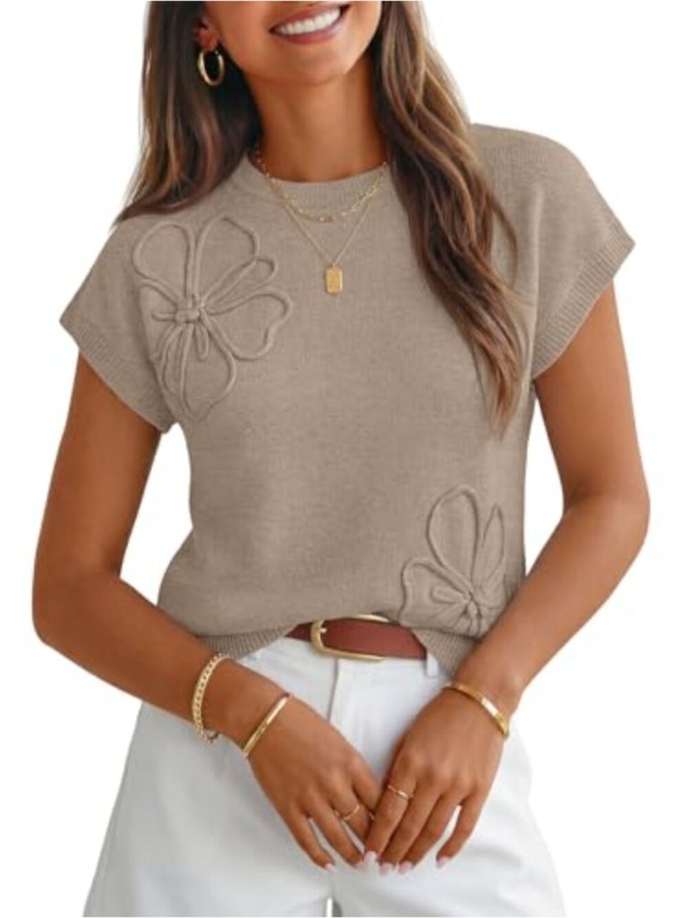 Women's Floral Knit Sweater Vest Cap Sleeve Pullover 3D Textured Summer Top